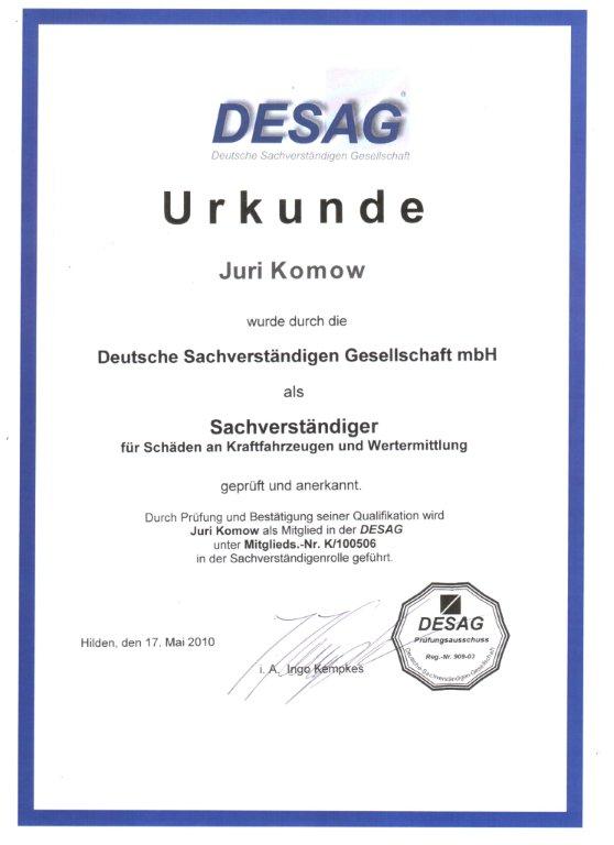 Komow Zertifikat DESAG